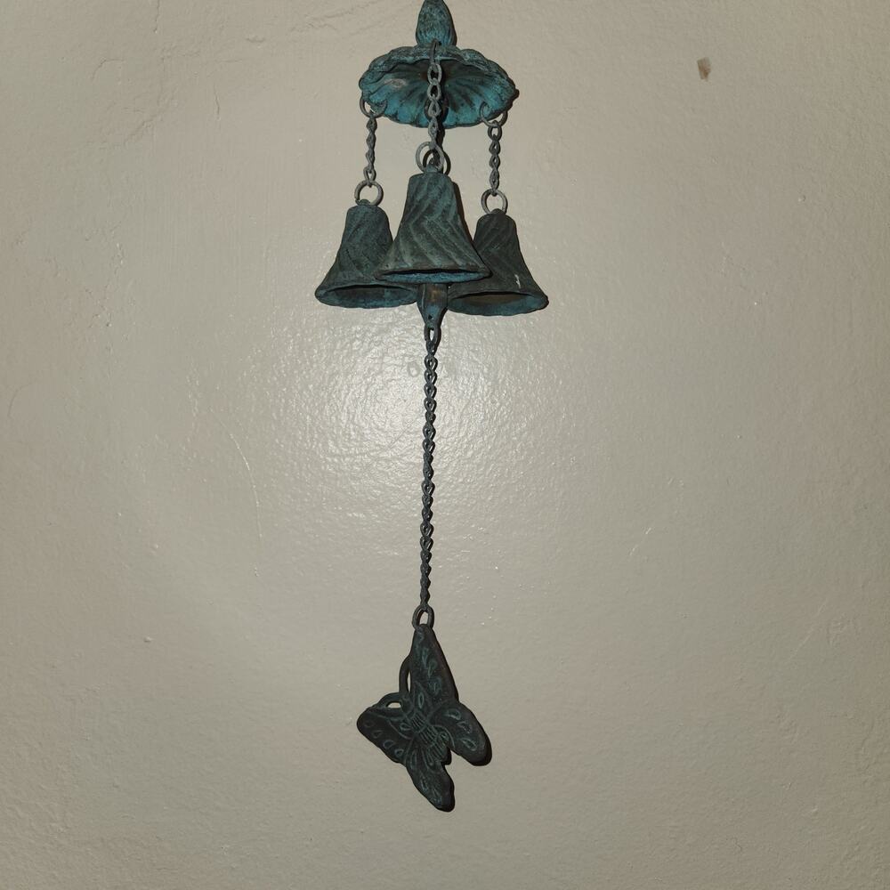 Cast Bronze Wind Chime 3 Bells Butterfly Wind Chime Garden Decor Vintage